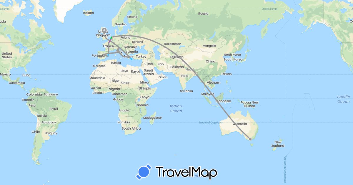 TravelMap itinerary: bus, plane, train, boat in Australia, Belgium, Spain, France, United Kingdom, Greece, Italy, Netherlands (Europe, Oceania)